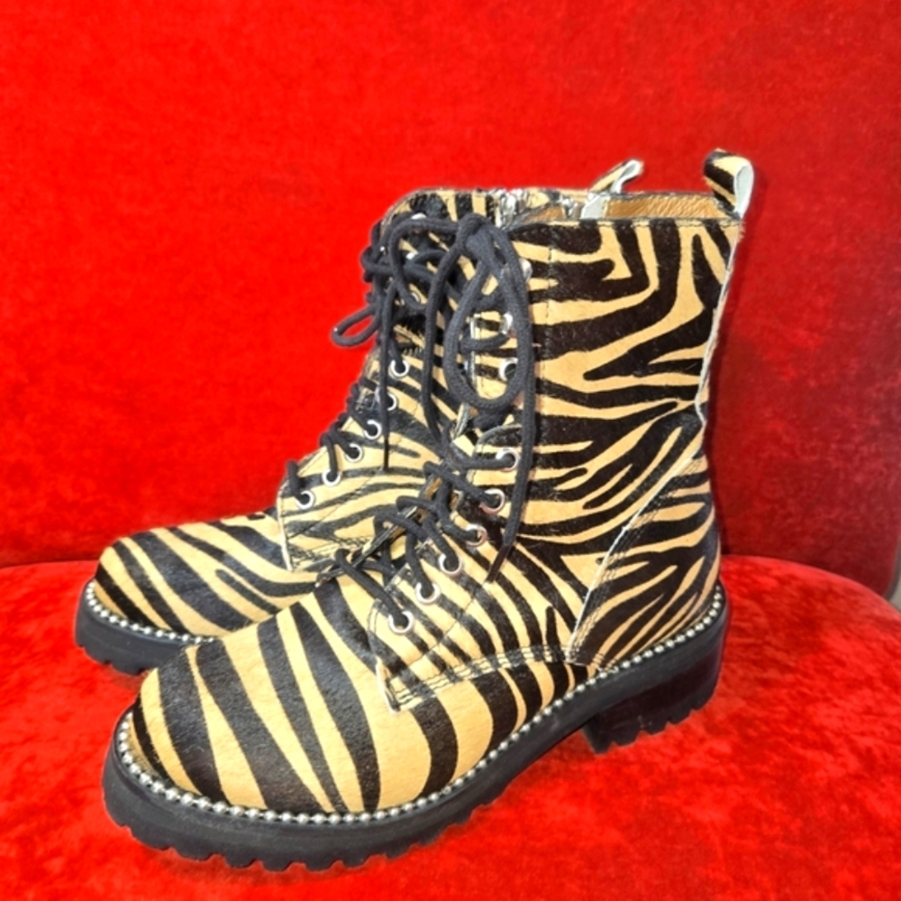 Aqua JAX Tiger Print Studded Combat Boots CowPunk Calfhair Chunky NWOT SEE SOLES - Picture 10 of 11